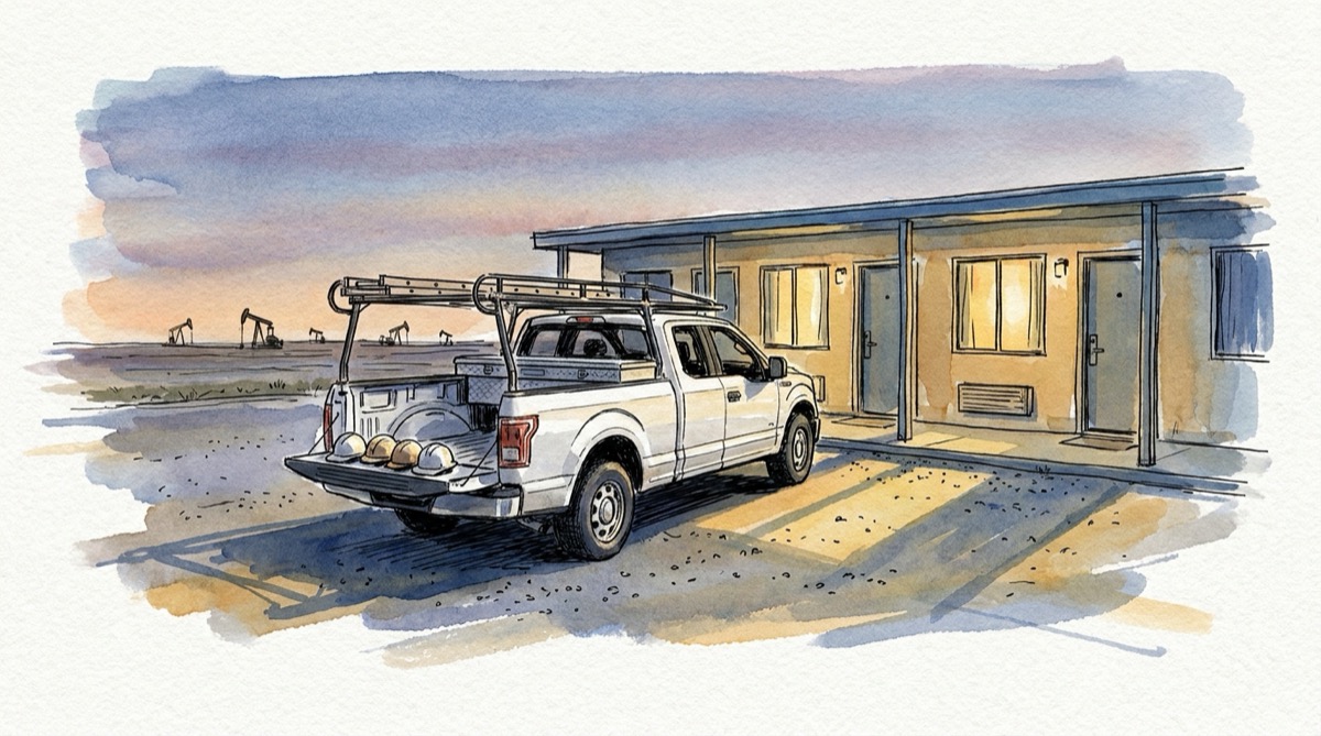 Ink and watercolor illustration of a white work pickup with a ladder rack and four hard hats on its tailgate, parked outside a roadside motel at dusk, oil pumpjacks on the flat horizon