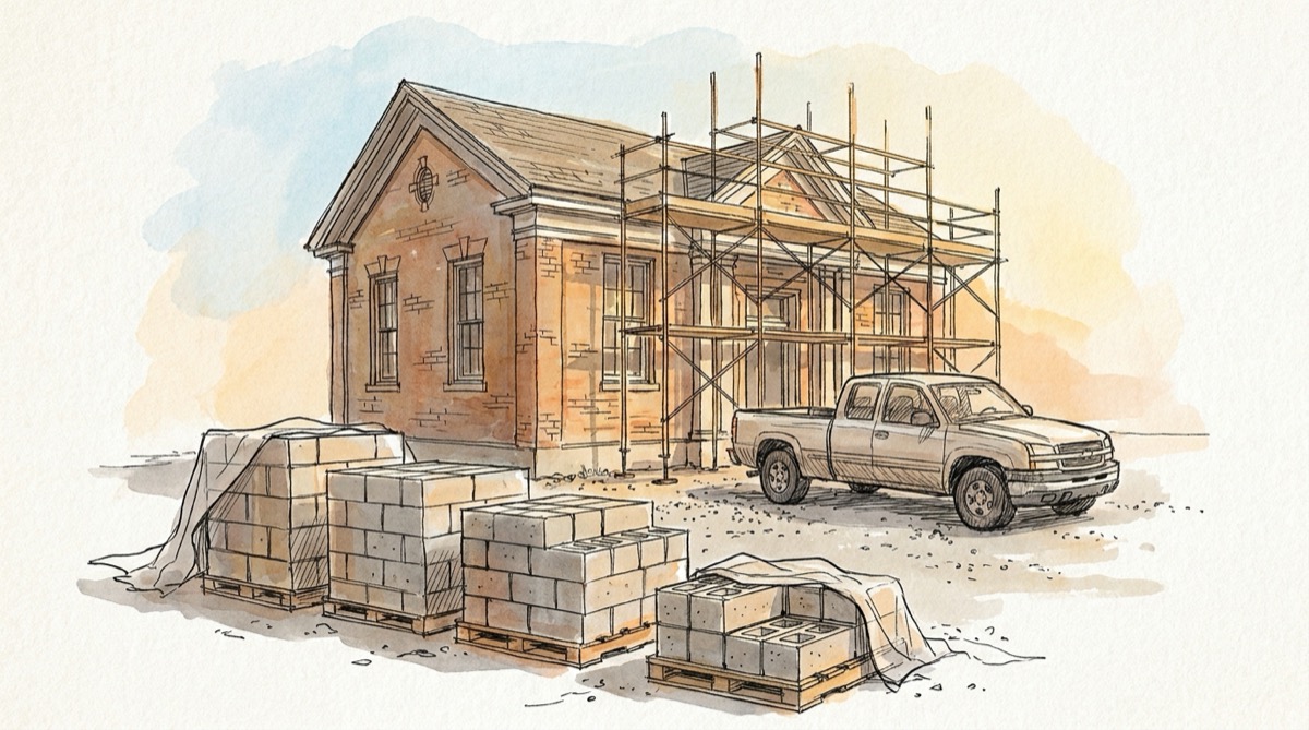 Ink and watercolor sketch of a brick library under renovation with scaffolding, a pickup truck and pallets of concrete blocks stacked in descending steps