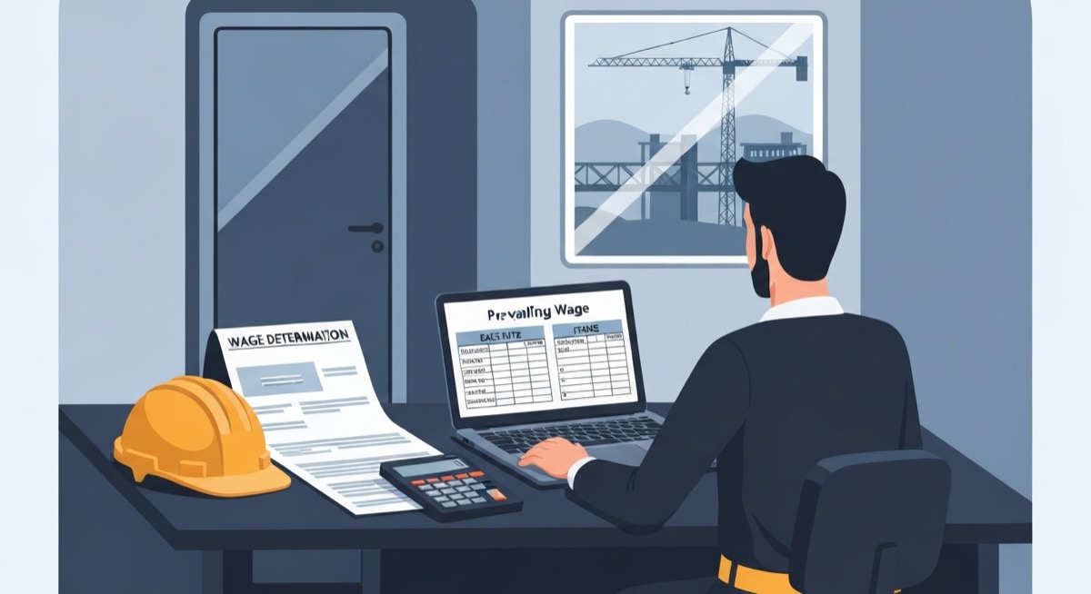 Flat illustration of a construction estimator at a job trailer desk reviewing a laptop that shows a prevailing wage spreadsheet with separate base rate and fringe columns, a printed wage determination document and a calculator beside it, a hard hat on the desk, and a public works project with a crane visible through the window