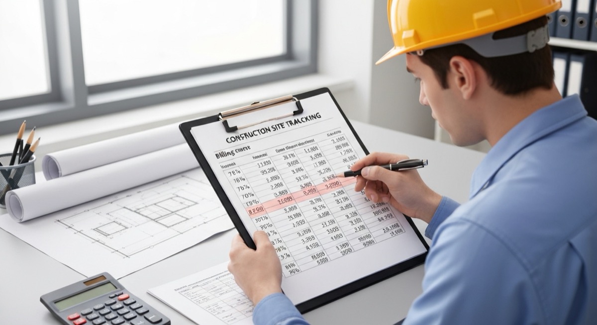 Construction worker reviewing progress billing spreadsheet with percentage calculations on clipboard in professional office setting