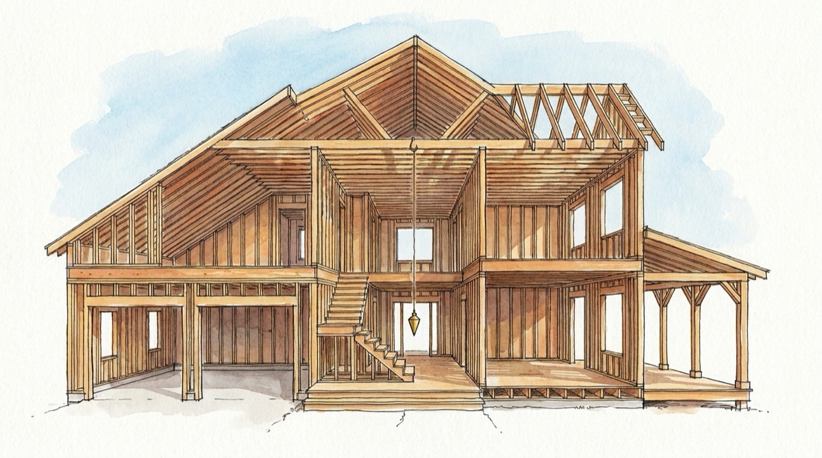 Ink and watercolor cutaway of a two-story wood-framed house under construction, with a plumb bob hanging through an open two-story foyer, a sloped-ceiling bonus room over the garage and a covered porch