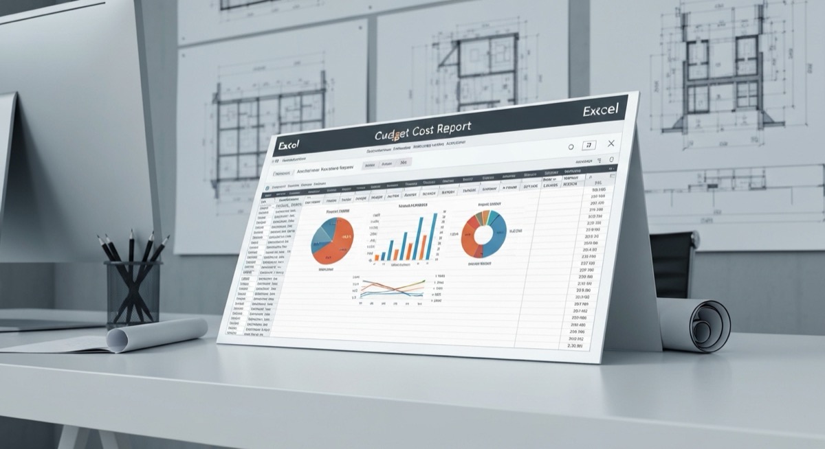 Professional construction cost report spreadsheet showing budget variance analysis and charts on architect's desk