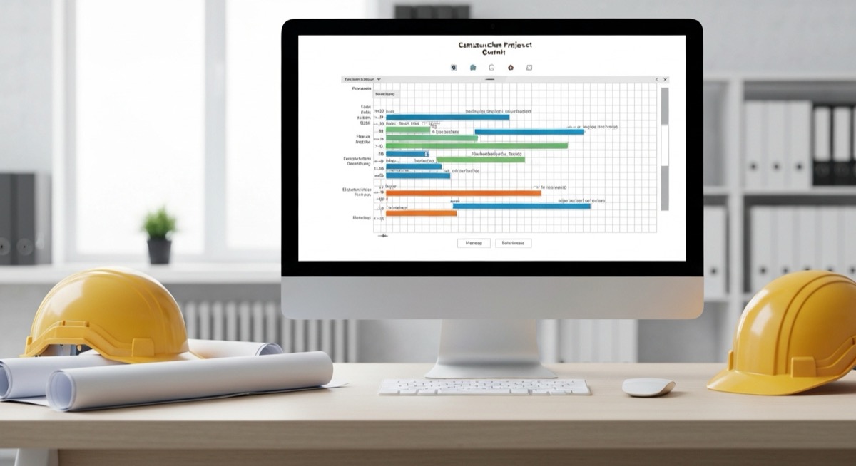 Construction project Gantt chart displayed on computer monitor with hard hats and blueprints on desk