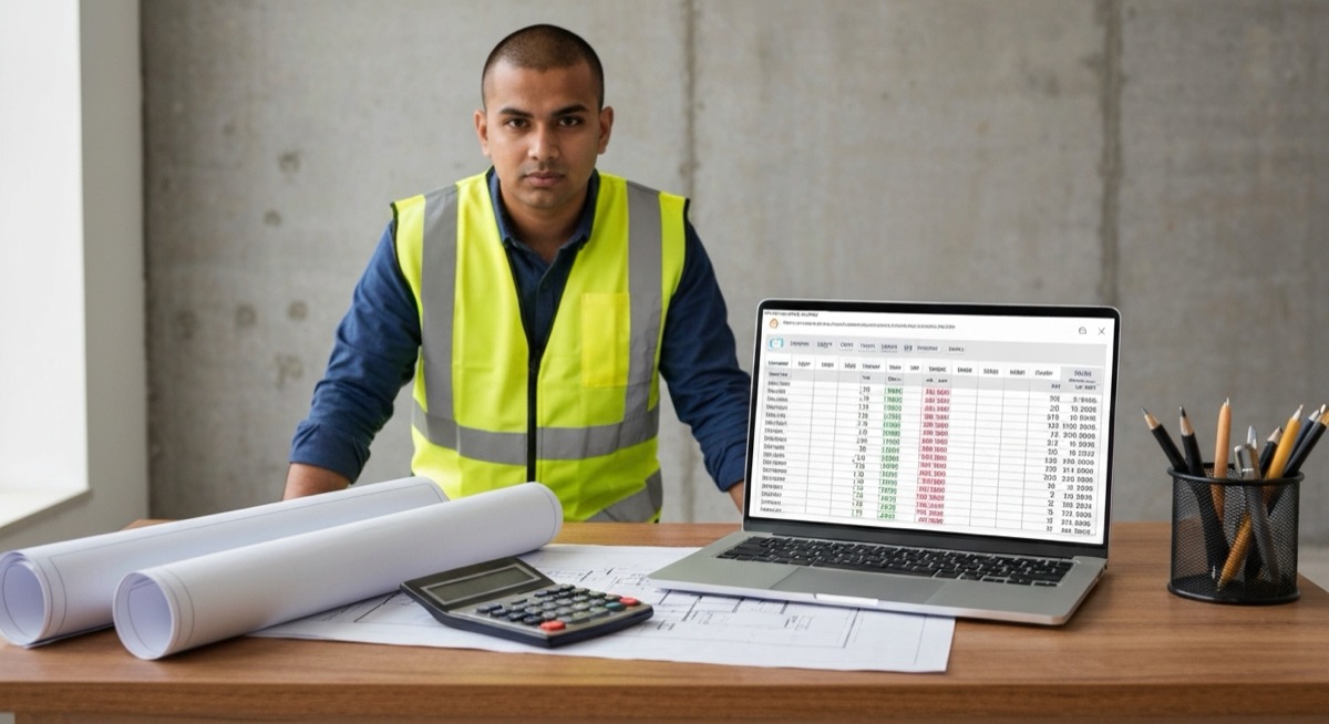 Construction retainage tracking spreadsheet on laptop with blueprints and calculator showing payment calculations