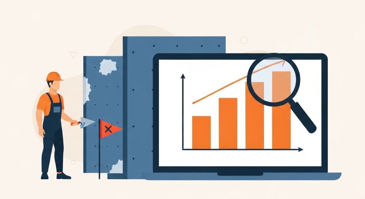 Flat illustration of a construction worker with a trowel beside a drywall wall marked with a red X defect flag, next to a laptop showing a rising bar chart of costs by trade under a magnifying glass