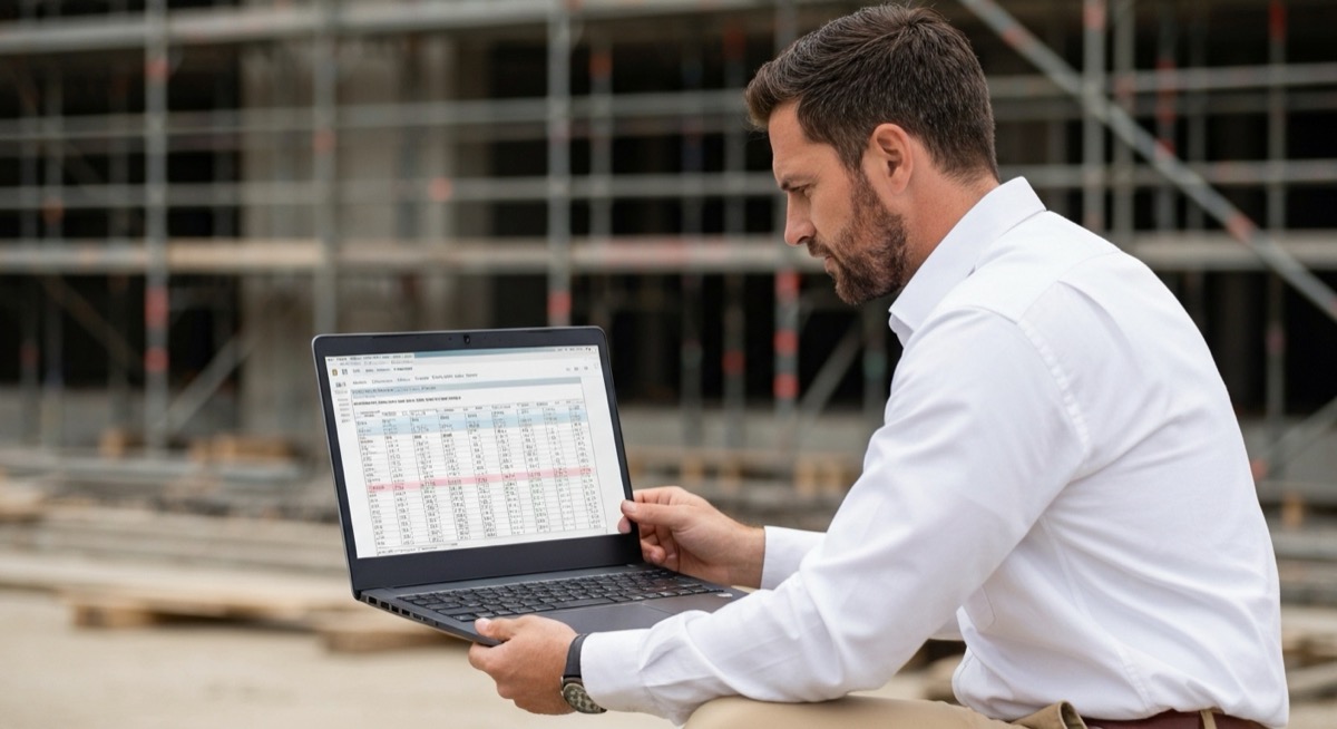 Construction project manager reviewing RFI tracking spreadsheet on laptop at job site