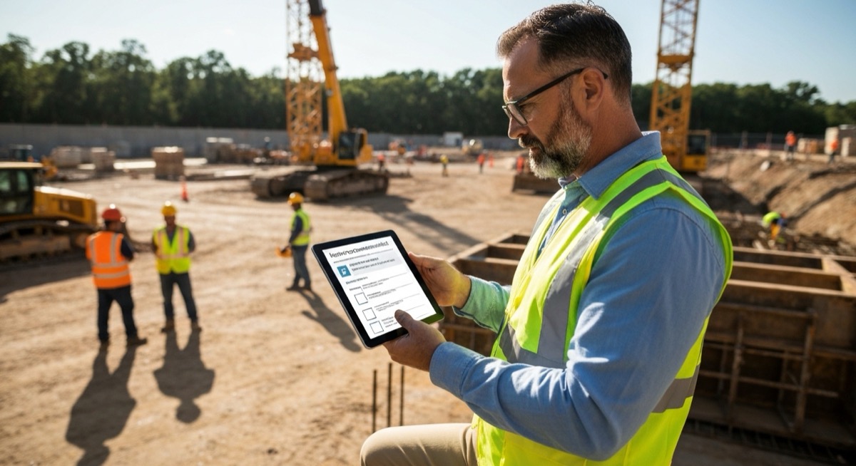 Construction safety inspector reviewing OSHA compliance checklist on tablet at active construction job site