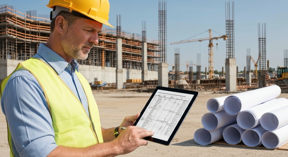 Construction contractor using Excel schedule of values template on tablet at job site