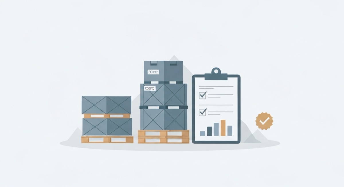 Flat minimalist illustration of labeled material pallets and crates beside a clipboard checklist and a small bar chart with a verified check-mark badge, representing a construction stored materials tracking spreadsheet