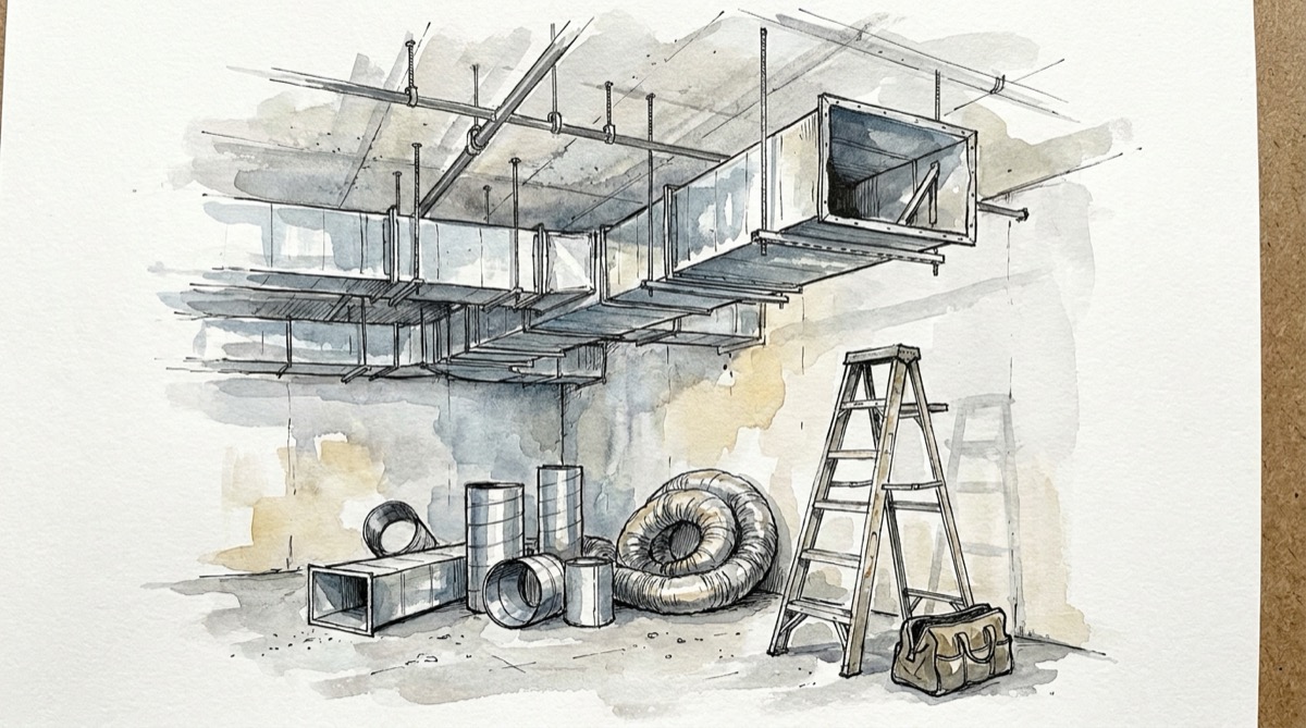 Ink and watercolor illustration of half-installed galvanized ductwork hanging from a concrete ceiling with an open duct end, loose duct sections and flexible duct on the floor, and an abandoned stepladder and tool bag