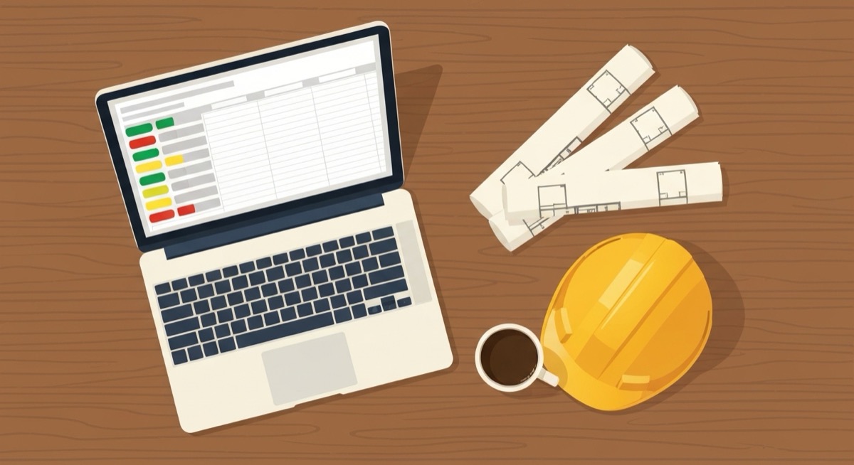 Top-down illustration of a construction project manager's desk with a laptop showing a colorful submittal log spreadsheet, rolled architectural blueprints, a yellow hard hat, and a coffee mug