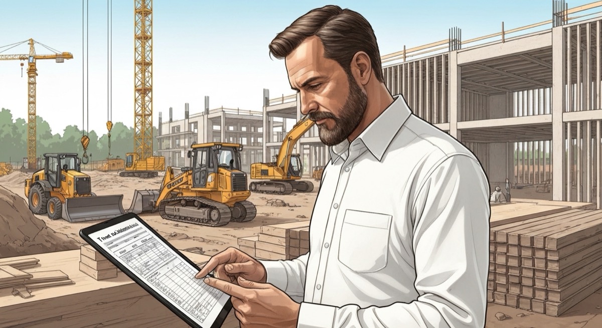 Construction contractor reviewing time and materials billing spreadsheet at job site