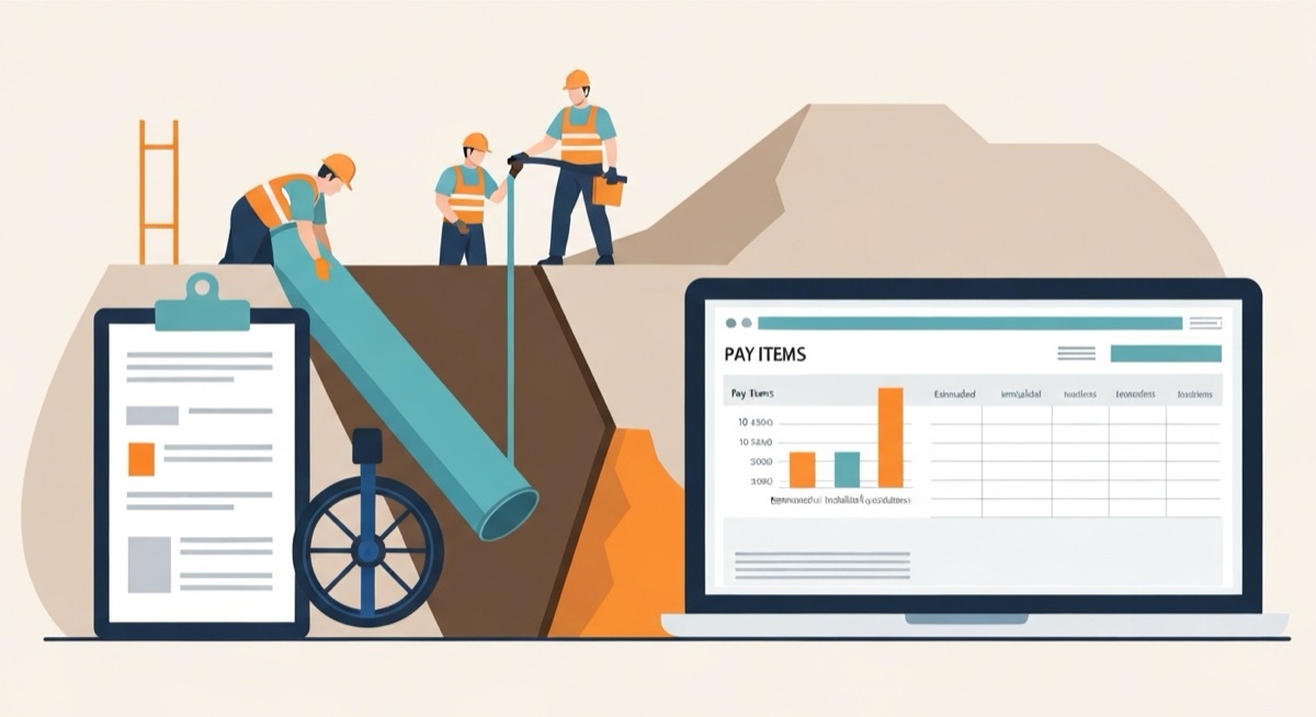Flat illustration of a utility crew laying water main pipe in an open trench with a measuring wheel and clipboard, beside a laptop showing a pay items spreadsheet comparing estimated versus installed quantities