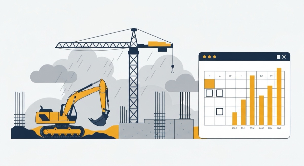 Flat illustration of an idle excavator and paused tower crane on a rainy construction site beside a rebar concrete foundation, next to a spreadsheet panel with a calendar grid and gold chart bars, representing a construction weather delay log in Excel
