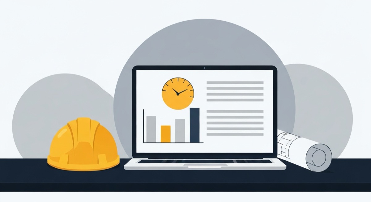 Flat illustration of a laptop on a dark desk showing a financial dashboard with bar charts and a gauge, next to a yellow hard hat and a rolled blueprint