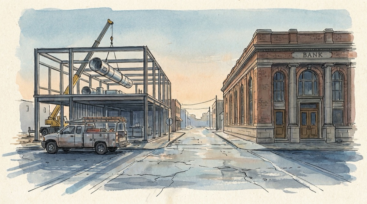 Ink and watercolor sketch of a steel-frame medical office under construction with ductwork lifted by a crane and a contractor pickup, facing an old brick bank across the street