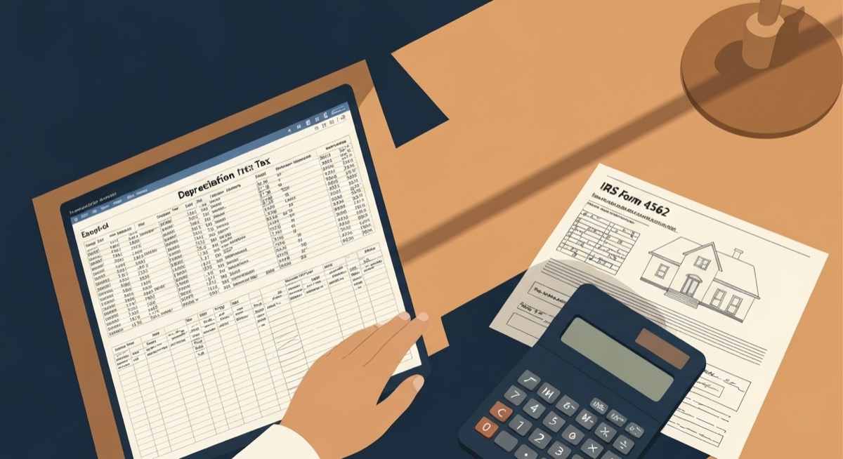 Real estate investor calculating cost segregation tax savings in Excel with IRS Form 4562 and rental property documents