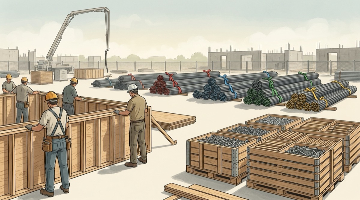 Illustration of carpenters building plywood wall formwork beside rebar bundles sorted by colored ties and crates of form hardware on a commercial site