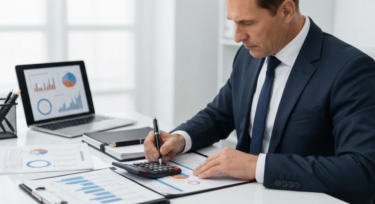 Professional real estate investor analyzing DSCR calculations on Excel spreadsheet with calculator and financial documents