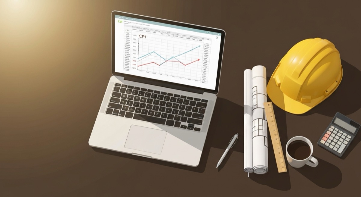 Top-down illustration of a construction project manager's desk with a laptop showing an Excel CPI and SPI chart, rolled blueprints, a yellow hardhat, a ruler, calculator, and coffee mug