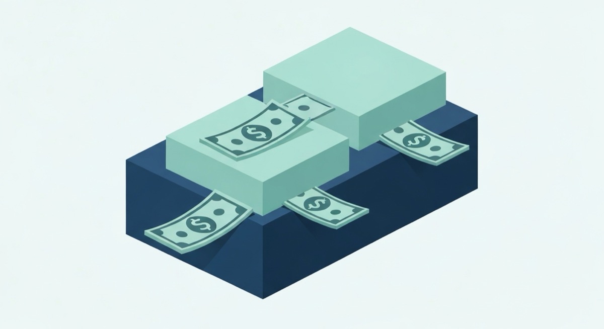 Isometric illustration of a tiered financial waterfall with cash flowing across three stacked levels, representing LP and GP distribution tiers in a real estate equity model