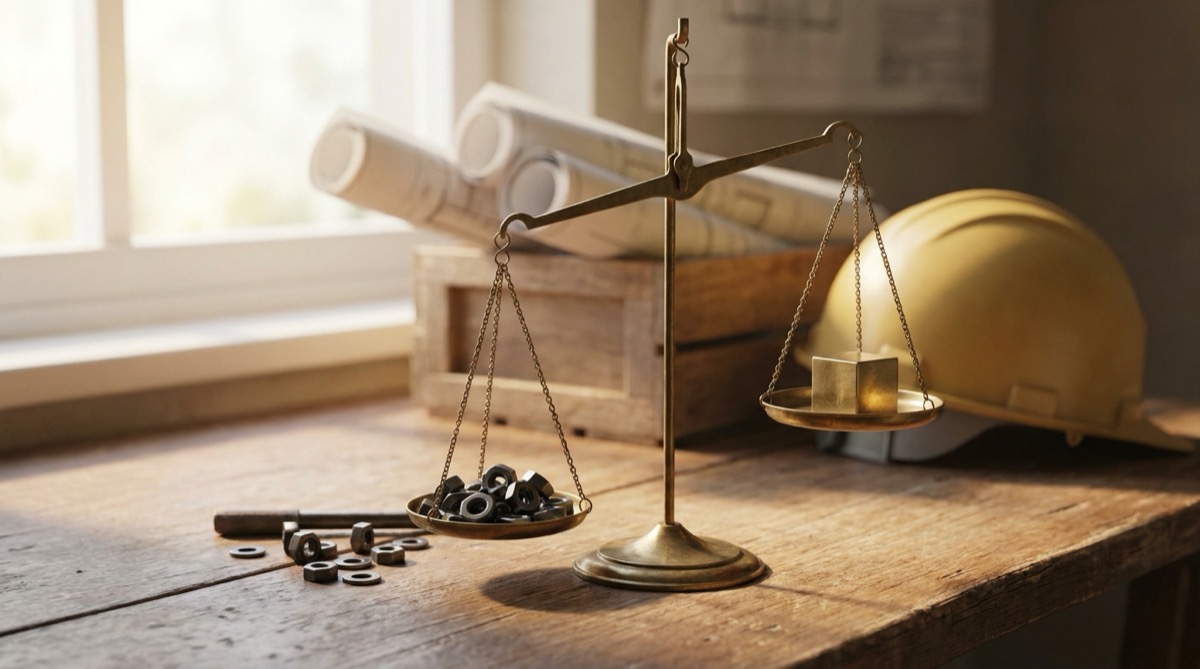 Brass balance scale on a construction site table, one pan holding many small steel nuts and the other a single brass block, with rolled drawings and a hard hat behind