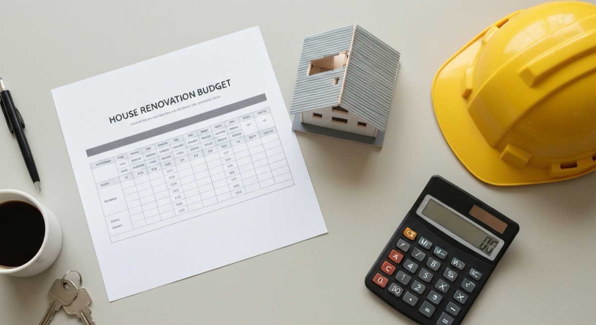A flat lay with a printed house renovation budget sheet, a model house under renovation, a calculator, a hard hat, and keys, representing a fix and flip draw request tracker in Excel