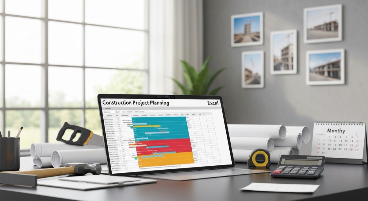 Excel spreadsheet showing construction project timeline with Gantt chart, surrounded by blueprints, calculator, and construction tools on office desk