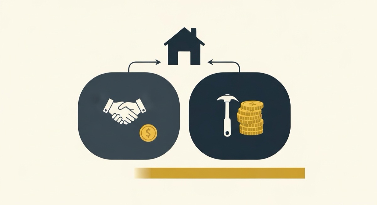 Flat illustration of a house connected by two arrows to two panels, a handshake with a single gold coin on the left for the wholesale assignment fee and hammer tools with a tall stack of gold coins on the right for the flip, with a gold highlight bar, representing a flip vs wholesale profit comparison in Excel