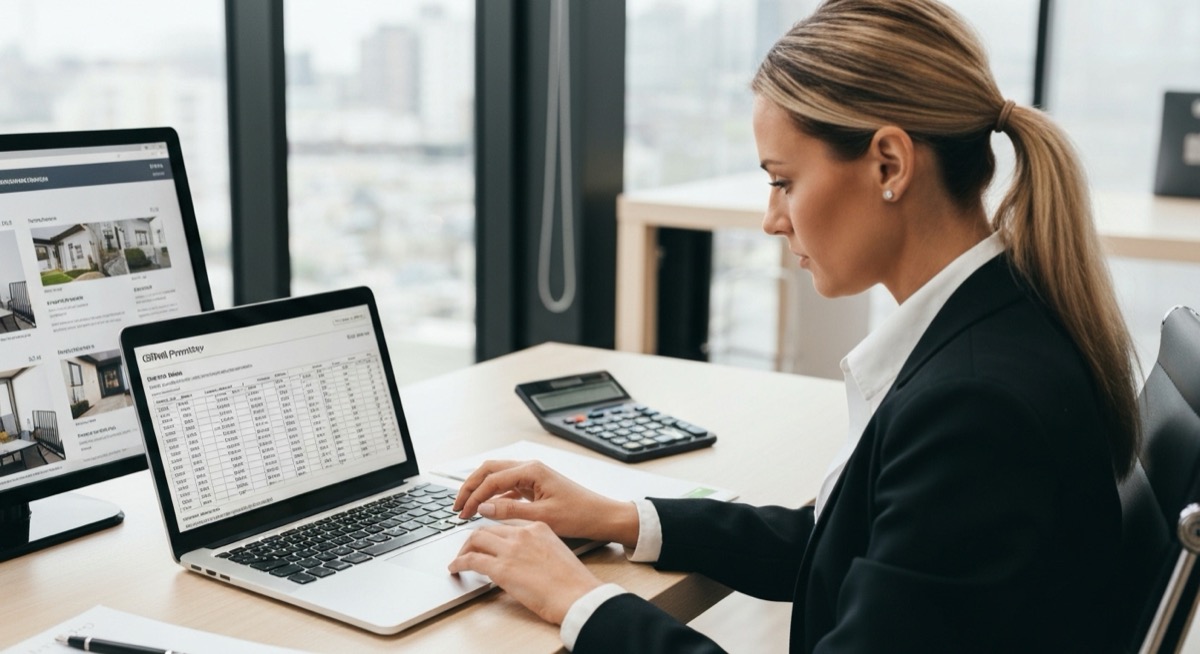 Excel spreadsheet showing gross rent multiplier calculations for rental property analysis with formulas and property data