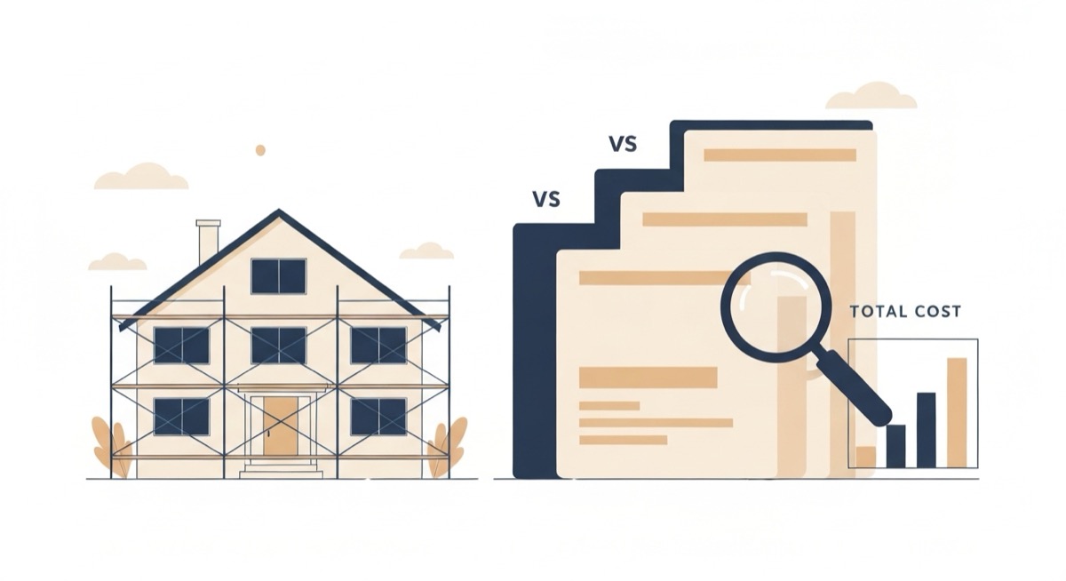Flat illustration of a house under renovation beside three stacked hard money loan term sheets being compared with a magnifying glass and a total cost bar chart