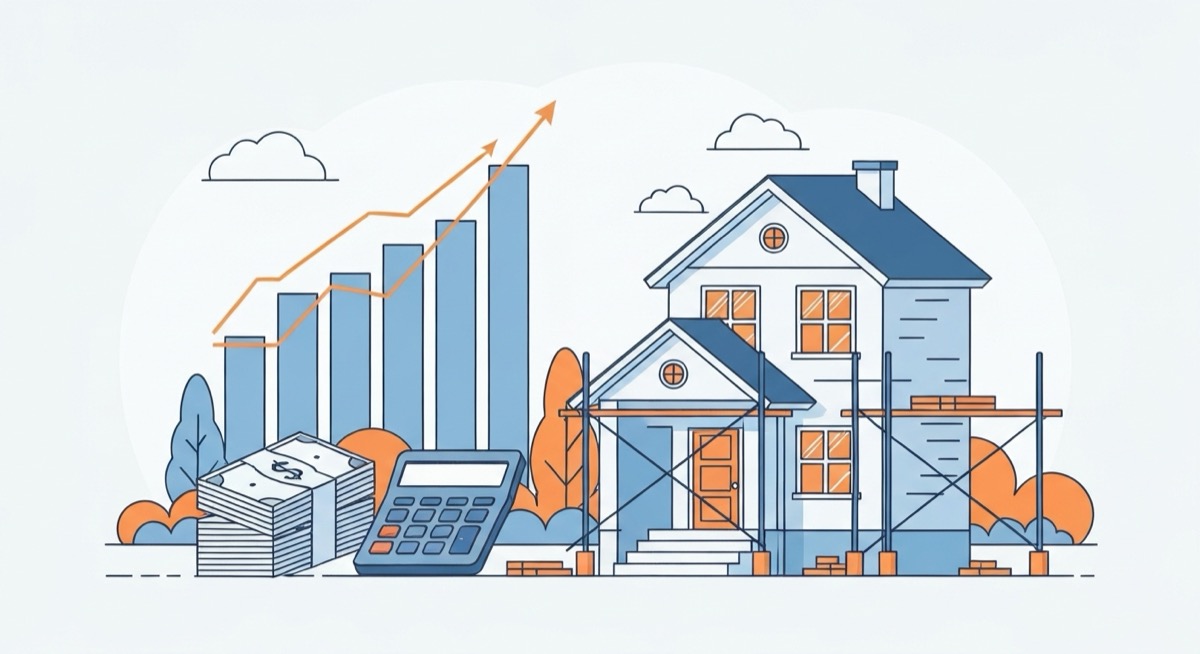 Flat illustration of a house under renovation with scaffolding, calculator, stack of cash, and rising profit chart representing hard money loan analysis for flippers