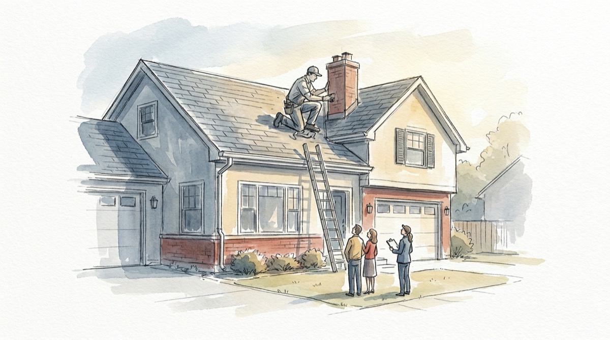 Ink and watercolor sketch of a roofer sealing the flashing around a brick chimney on a renovated house while a couple and their agent watch from the lawn