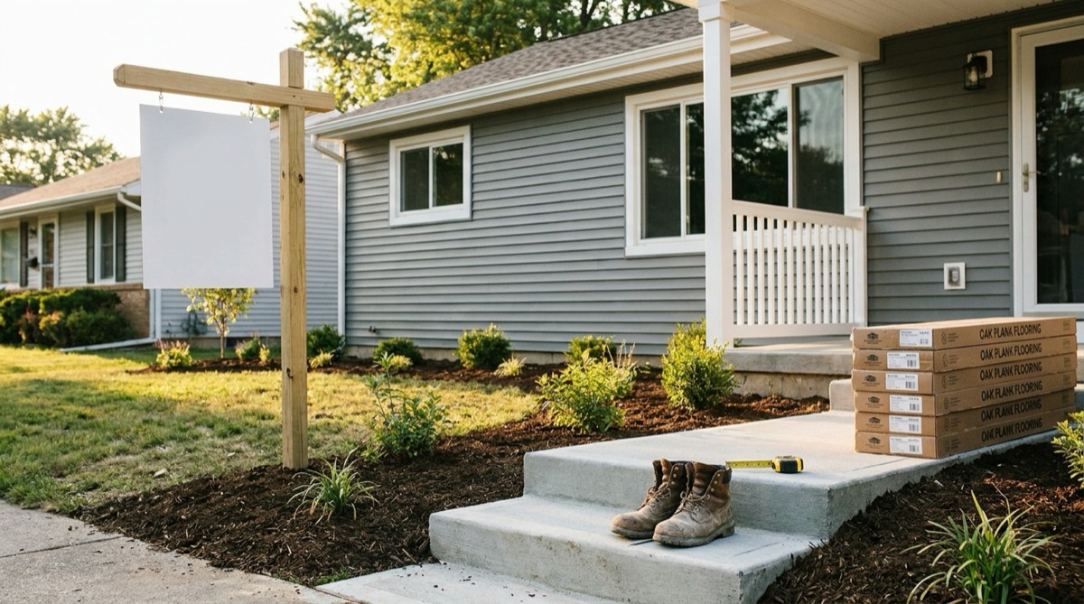 Freshly renovated gray ranch house with white trim and new mulch beds, a blank yard sign post, work boots and a tape measure on the front steps, and stacked flooring boxes by the porch