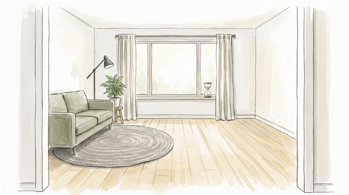 Ink and watercolor sketch of a renovated living room, half furnished with a sofa, rug and lamp, half bare floor, with an hourglass on the windowsill