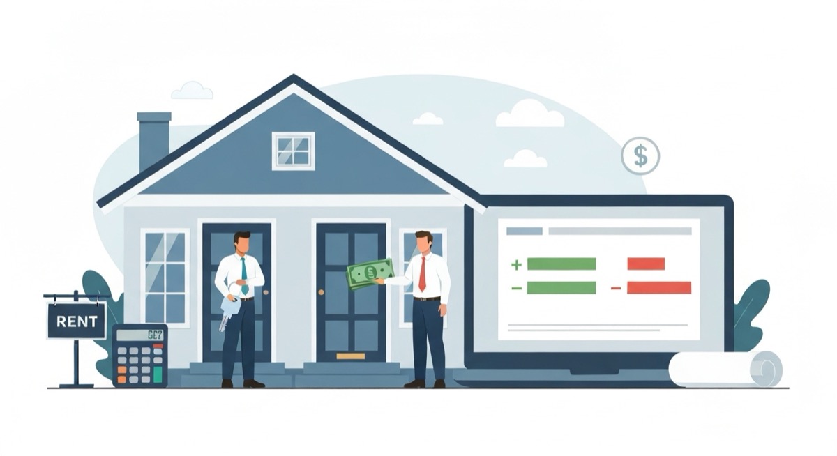 Flat illustration of a duplex with two front doors, an owner holding keys at one and a tenant handing over rent cash at the other, beside a laptop showing a green and red cash flow comparison, a calculator, and a for-rent sign
