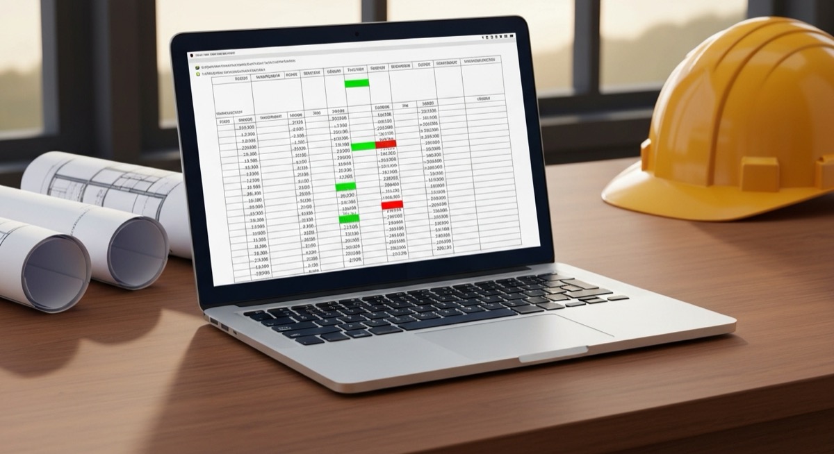 Laptop on a contractor's desk displaying a job costing spreadsheet with cost code rows and color-coded variance cells, blueprints and hard hat nearby