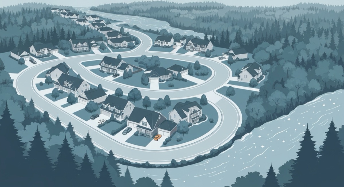 Aerial illustration of a residential subdivision with curving streets and lot layouts