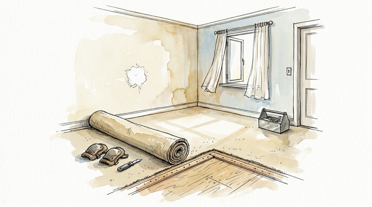 Ink and watercolor sketch of an empty rental bedroom after move-out, with carpet rolled back to the subfloor, knee pads, a utility knife and a patched hole in the wall