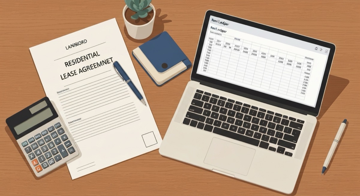 Landlord's desk with a residential lease agreement, calculator, checkbook, and a laptop displaying a rent ledger spreadsheet tracking tenant charges, payments, and running balance