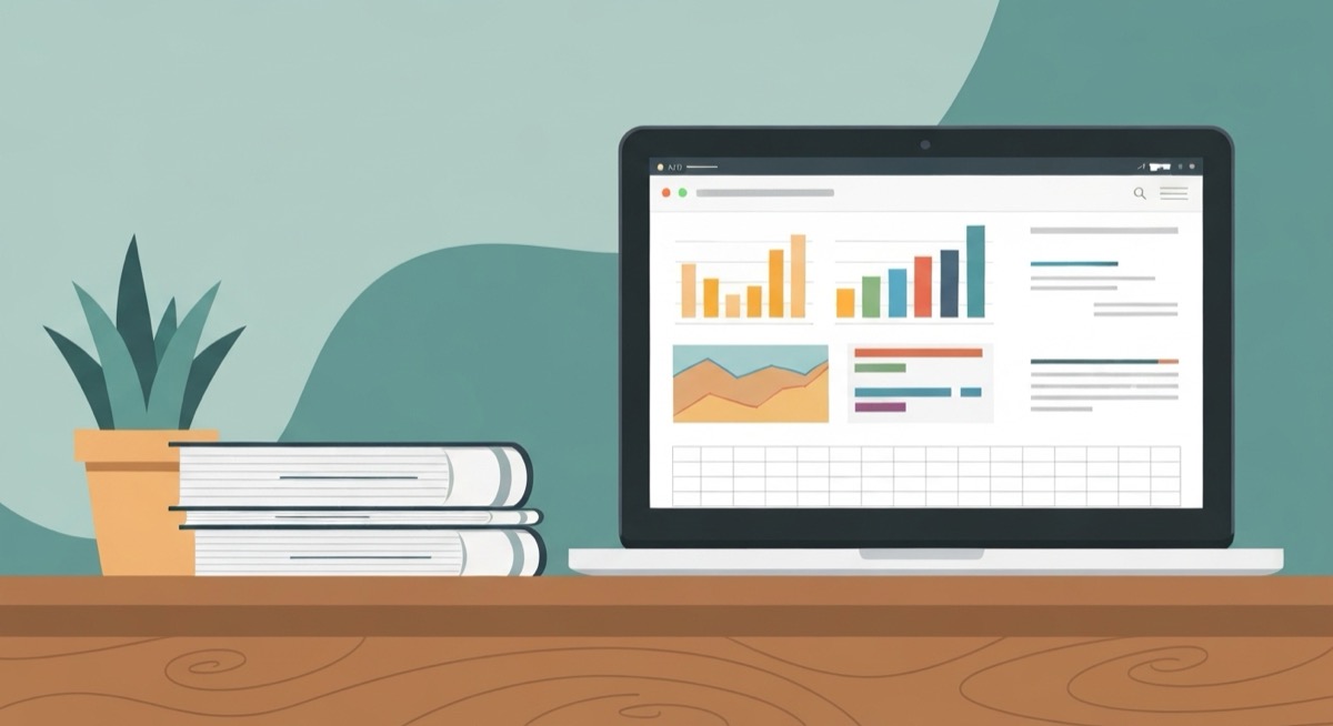 Flat illustration of a commercial lease abstract spreadsheet open on a laptop next to bound lease documents