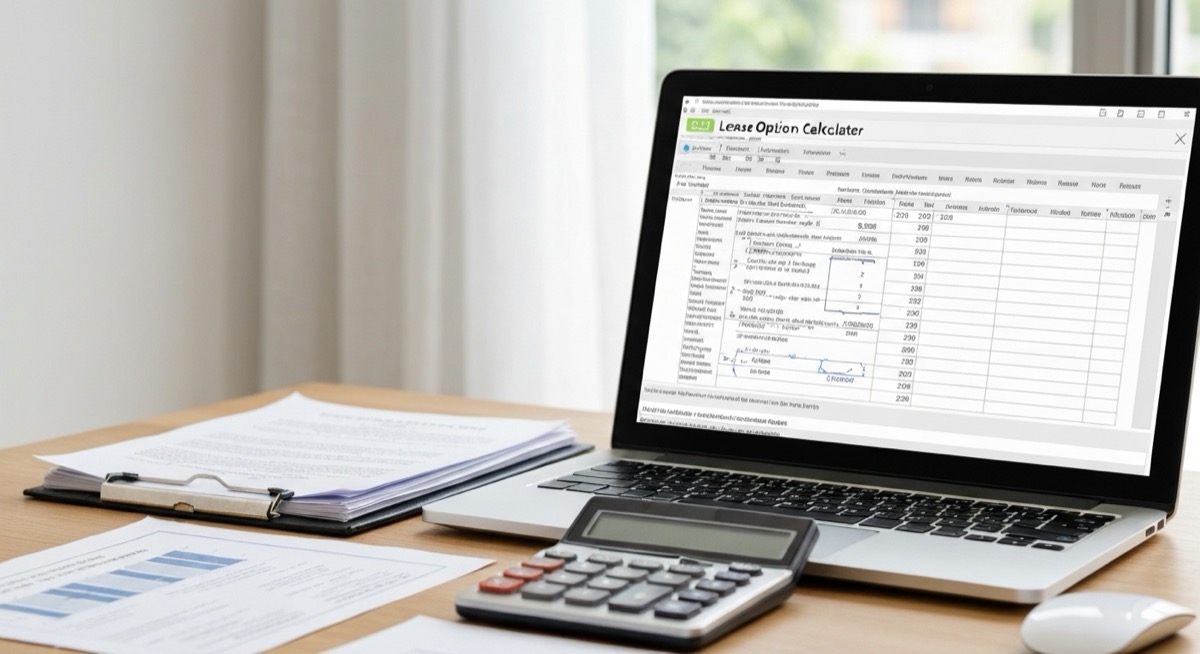 Excel lease option calculator spreadsheet showing rent-to-own analysis on laptop with calculator and property documents