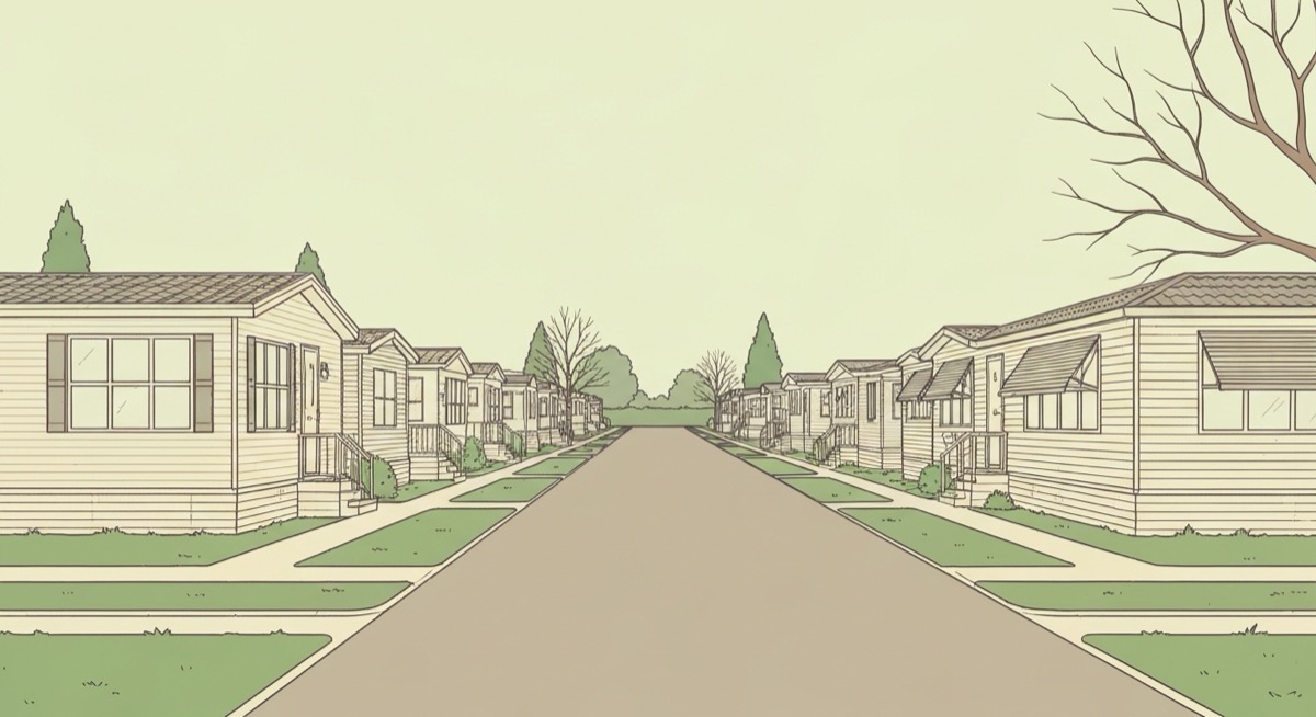 Minimalist illustration of a mobile home park street with rows of manufactured homes for underwriting analysis