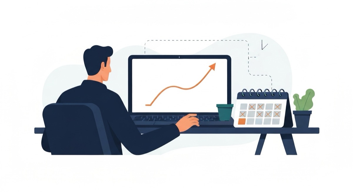 Flat illustration of a real estate investor at a desk reviewing a laptop chart with a calendar marking years saved, representing a mortgage amortization schedule with extra payments