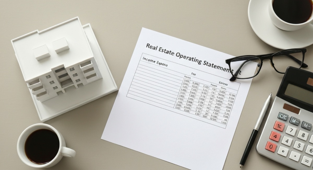 A flat lay with a white multifamily apartment building model, a printed real estate operating statement showing an income and expense table, a calculator, reading glasses, and coffee, representing a multifamily operating expense ratio calculator in Excel