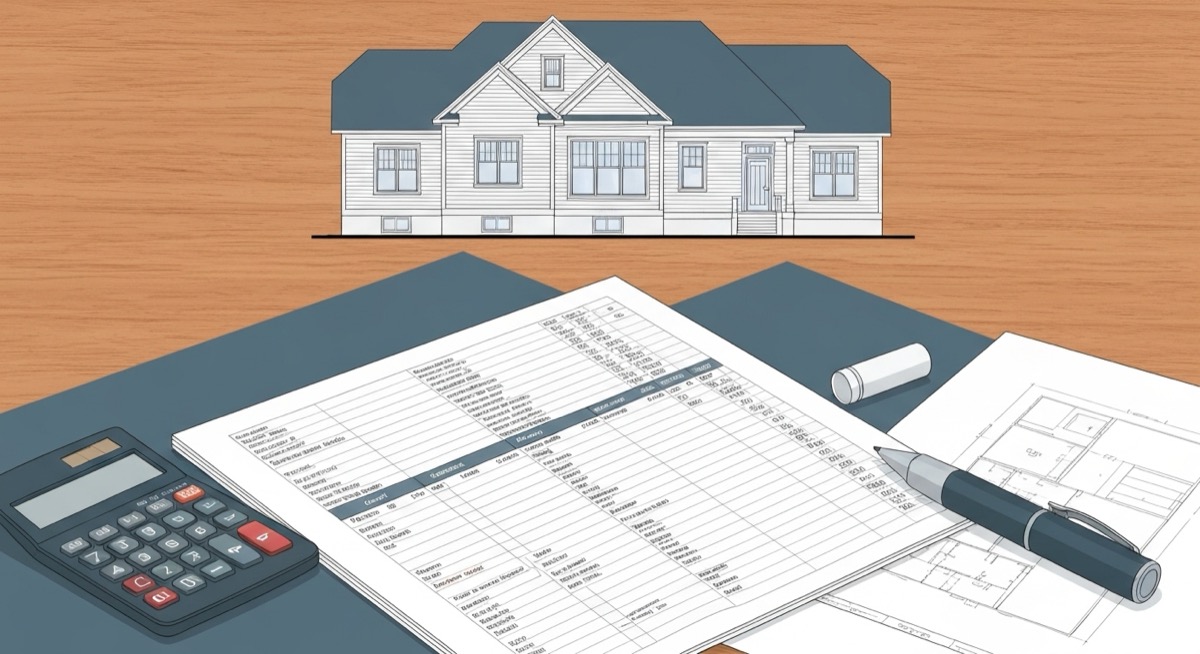 Editorial illustration of a home builder pro forma spreadsheet with calculator, suburban house elevation, and blueprint