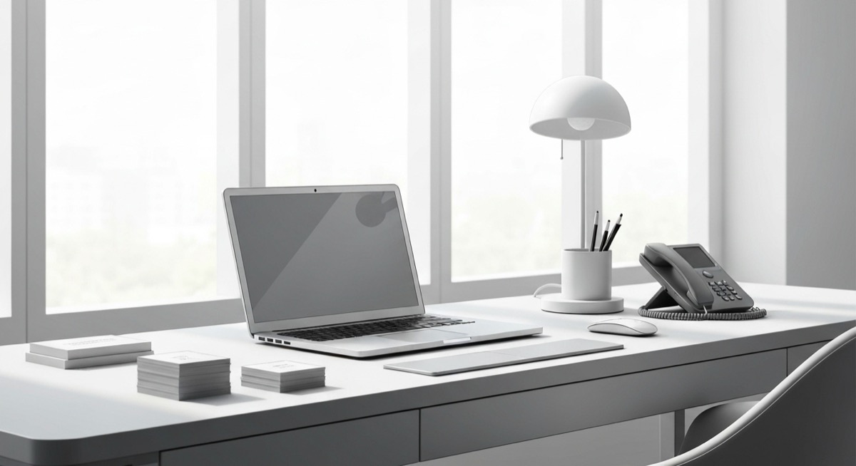 Private money lender's clean workspace with laptop and documents for note portfolio tracking