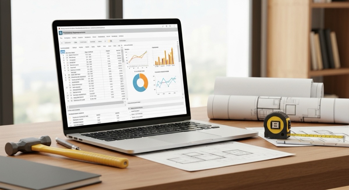 Professional desk with laptop displaying property maintenance spreadsheet, construction tools, blueprints, and repair invoices for real estate management