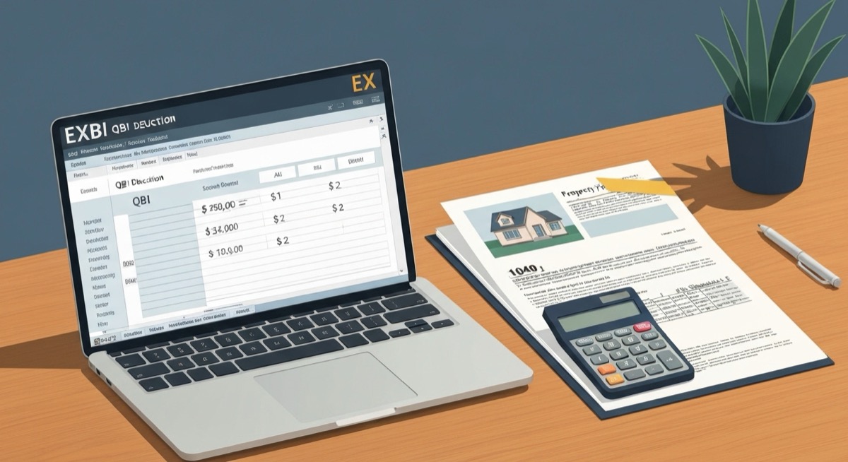 Real estate investor reviewing a QBI deduction calculator in Excel beside a rental property file, IRS Schedule E, and a calculator on a wooden desk