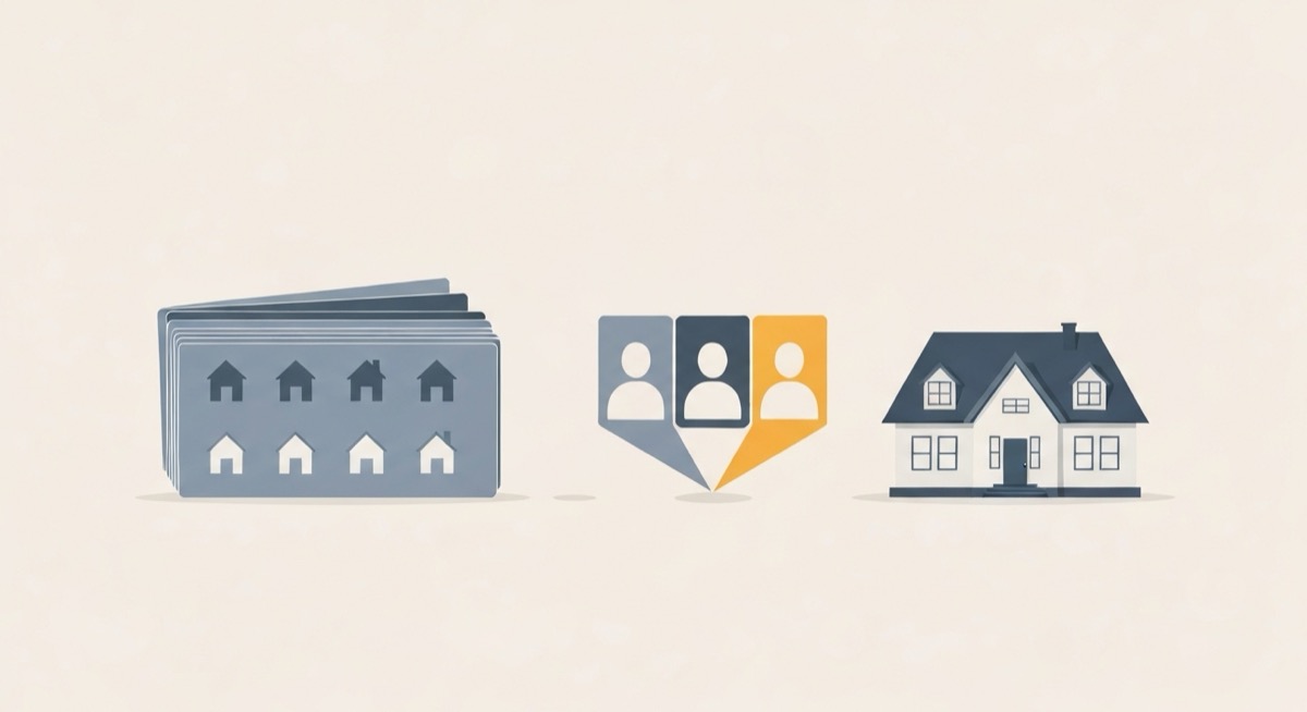 Flat illustration of a stack of buyer and house cards being filtered down to three highlighted matching buyer profiles beside a single house